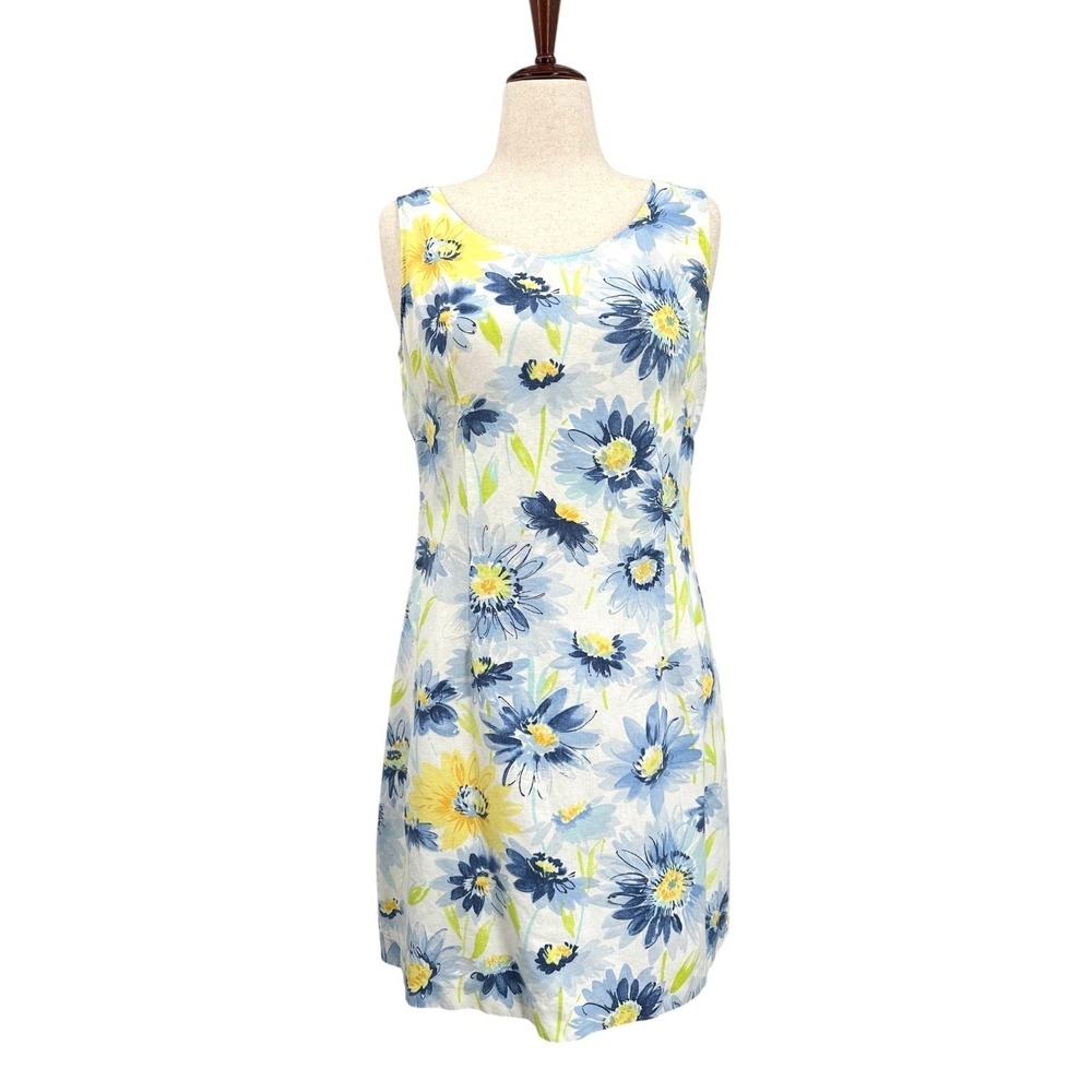 Liz Claiborne LizSport Linen Dress White Floral Sleeveless Shift Size 12 Vintage